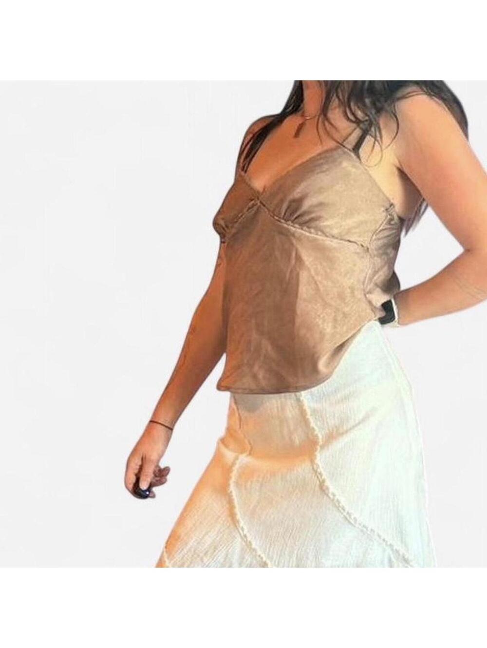 Tan silk cami top with lace trim and adjustable straps #cottagecore